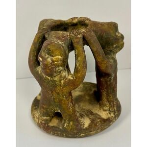 Vintage Circle of Friendship Clay Candle Holder 3 Figures Rustic Folk Art